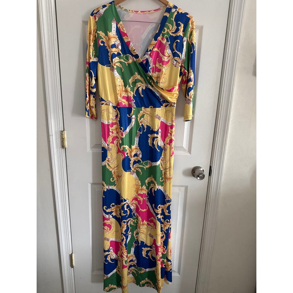 womens elegant v neck long sleeve maxi dress multicolor XL